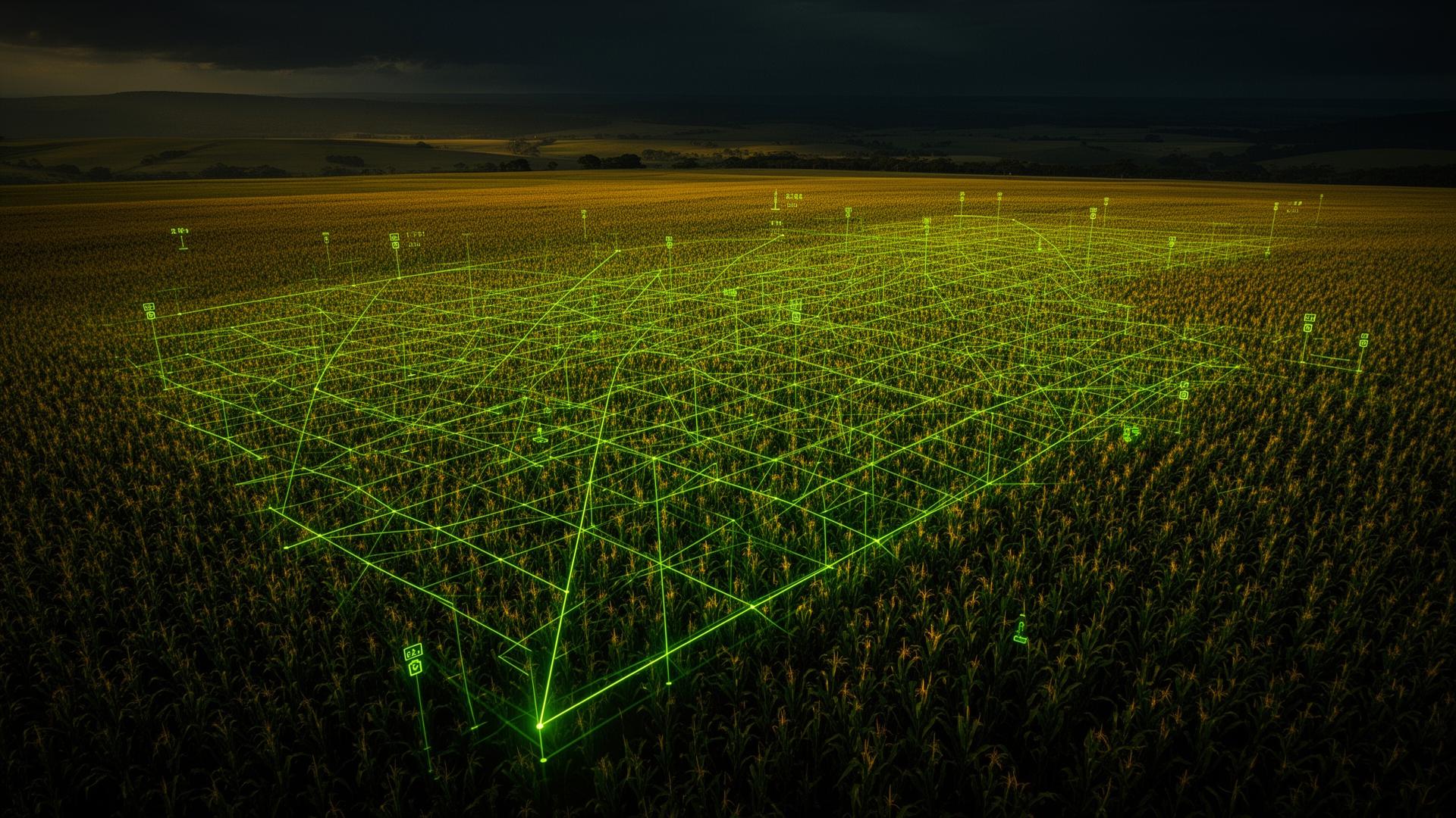 Vista aérea de talhões agrícolas com overlay de análise IA